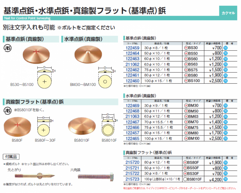 基準点鋲・水準点鋲・真鍮製